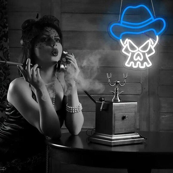 COWBOYS BLUE HAT SKULL NEON LED SIGN - Picture 3 of 3